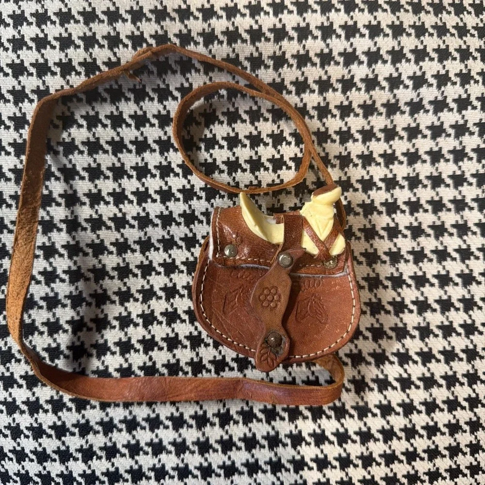 Vtg Mini Horse Celluloid Saddle Western Tooled Leather Toy Purse 2.5